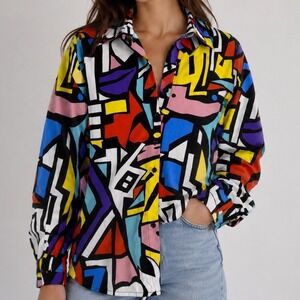 Big Dart Multicolor Geometric Abstract Pop Art‎ Button Front blouse Size US 10